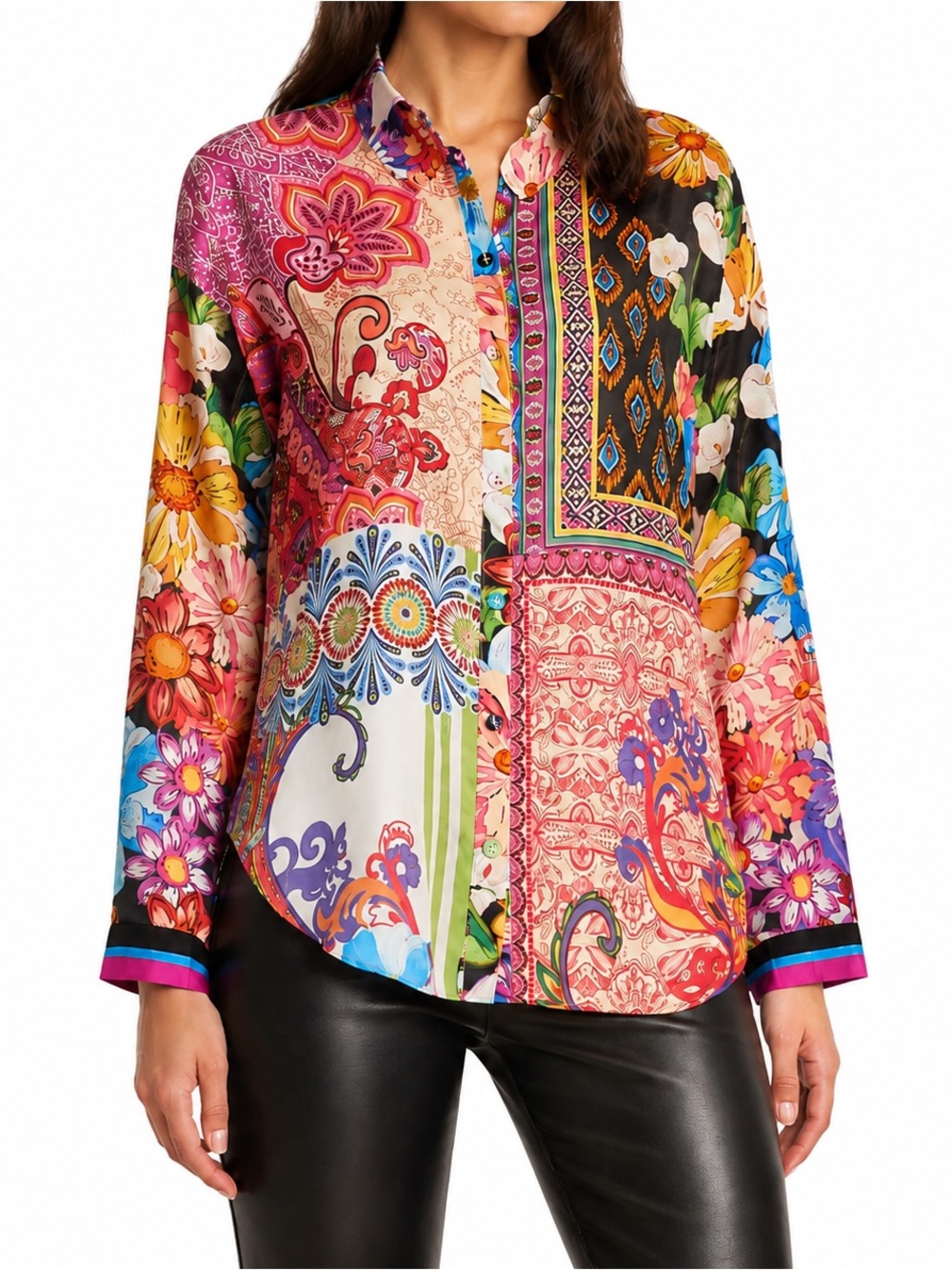 Johnny Was Magnolia Audrey Silk Floral Patchwork Button-Up Women's Top sz XL